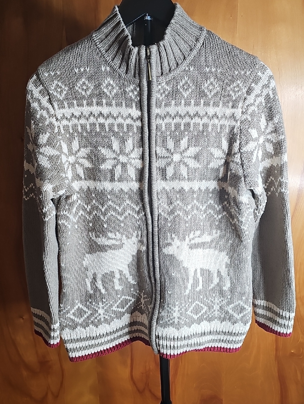 Coldwater Creek Gray and White Nordic Moose Zip Sweater